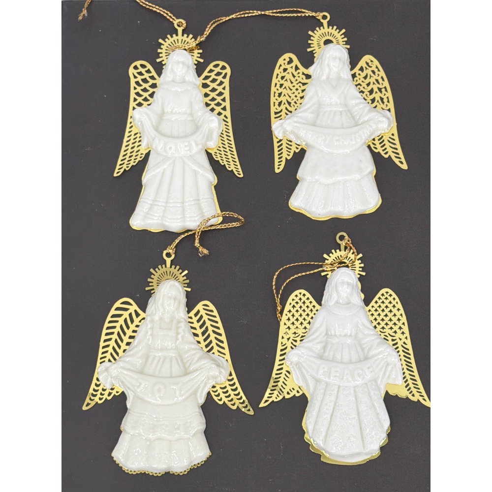 Vtg‎ Porcelain Metal Angel Ornaments Set of 4 Noel Joy Peace Merry Christmas